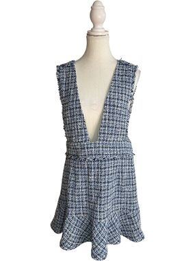 Zara Textured Tweed V-Neck Pinafore Dress Blue